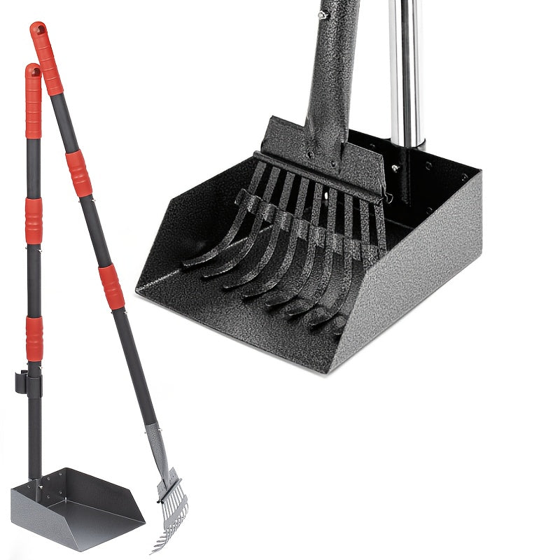 Dog Pooper Scooper Tray and Rake Set, Stainless Steel Pet Waste Removal Tools with Adjustable Handles for Everyday Yard Cleanup