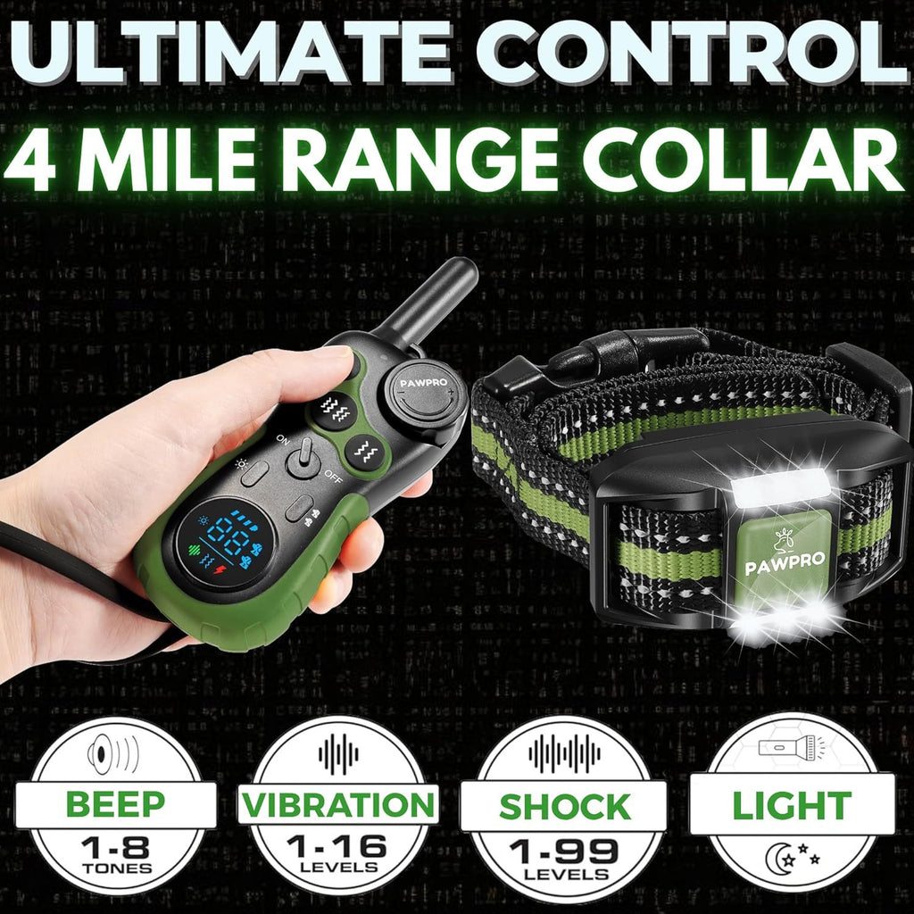 Long Range Dog Training Collar with Remote, PAWPRO Listed 4-Mile Range, 124 Adjustable Levels, Beep, Vibration, Static and Night-Light Modes