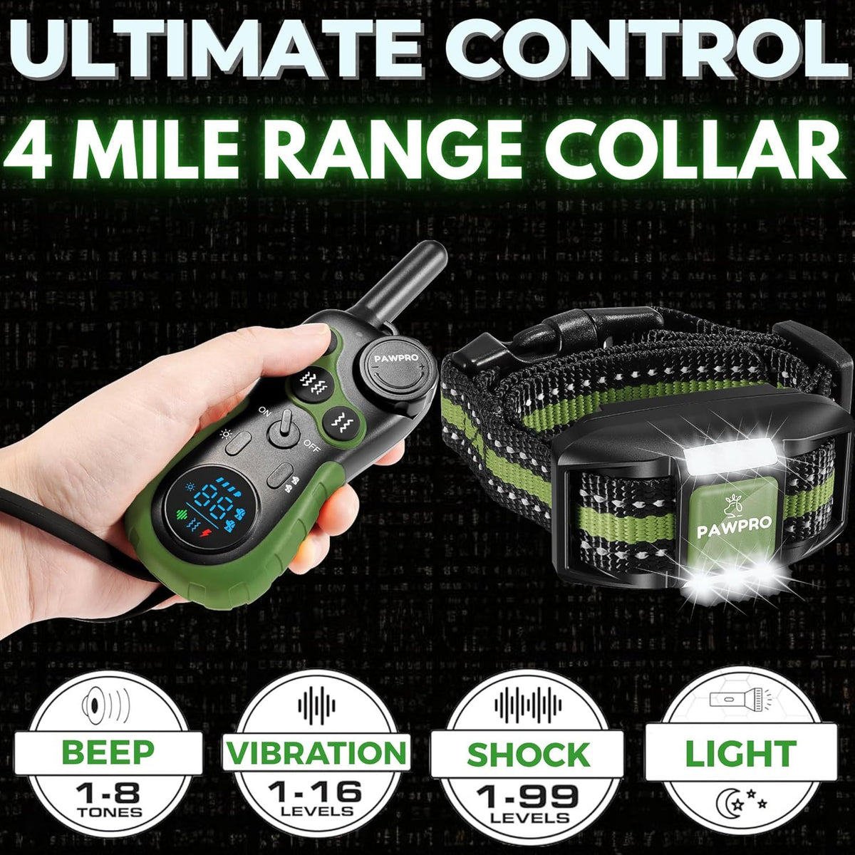 Long Range Dog Training Collar with Remote, PAWPRO Listed 4-Mile Range, 124 Adjustable Levels, Beep, Vibration, Static and Night-Light Modes