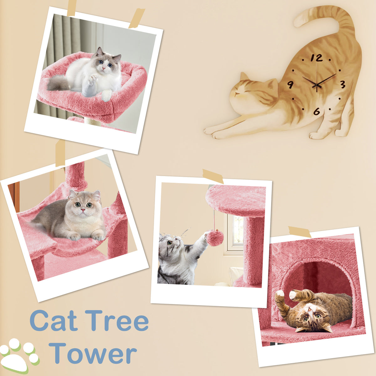 Cat Tree with Cloud-Shaped Perch, 44 Inch Indoor Cat Tower with Hammock, Cozy Condo, Sisal Scratching Posts and Multi-Level Climbing Platforms