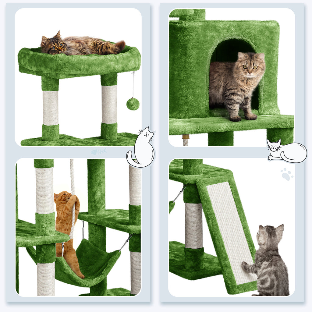 Cat Tree 63 Inch in Green, Multi-Level Indoor Cat Tower with Plush Condos, Hammock, Elevated Perches and Sisal Scratching Posts