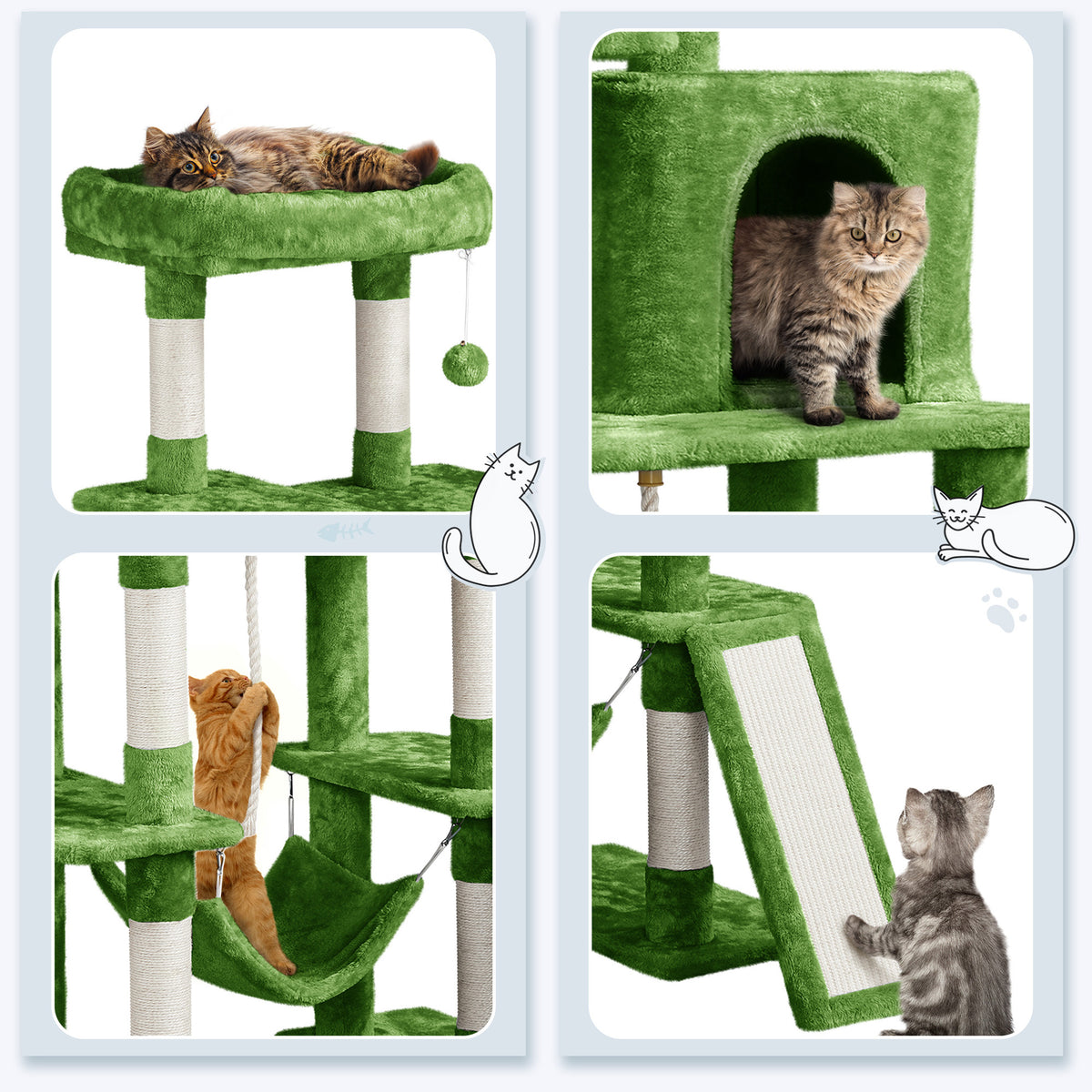 Cat Tree 63 Inch in Green, Multi-Level Indoor Cat Tower with Plush Condos, Hammock, Elevated Perches and Sisal Scratching Posts