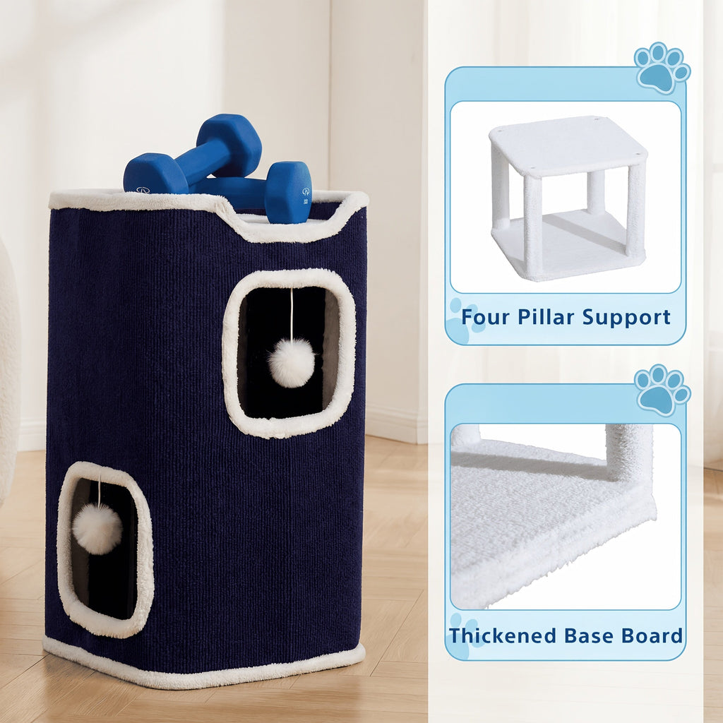 Cat Condo Bed with Hideaway Nests, Soft Lounging Platform and Hanging Ball Toys, Indoor Cat Furniture in Blue, Camel, Coffee or Beige