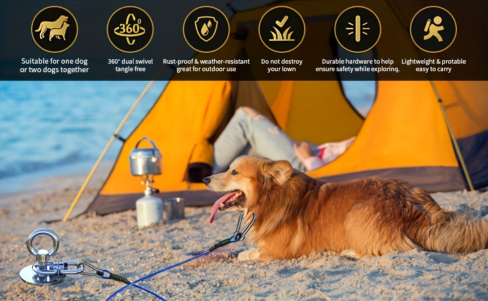 Dog Tie Out Stake in 304 Stainless Steel, 360° Swivel Ground Anchor for Supervised Yard and Camping Use with 15ft, 25ft or Pouch Options