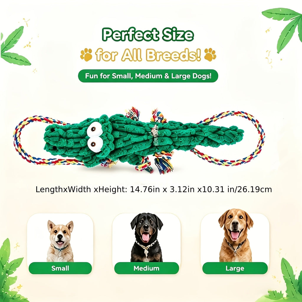 Squeaky Crocodile Rope Dog Toy in Green, Cotton Rope and Canvas Tug Toy with Two Knotted Ropes for Supervised Interactive Indoor and Outdoor Play