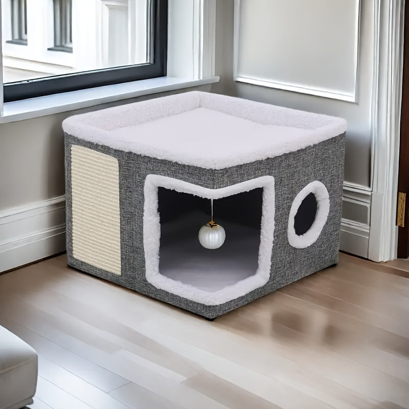 Cat House Cube with Scratching Panel, Foldable Gray Indoor Cat Bed with Top Lounge, Cozy Hideaway, Soft Cushion and Hanging Toy Ball