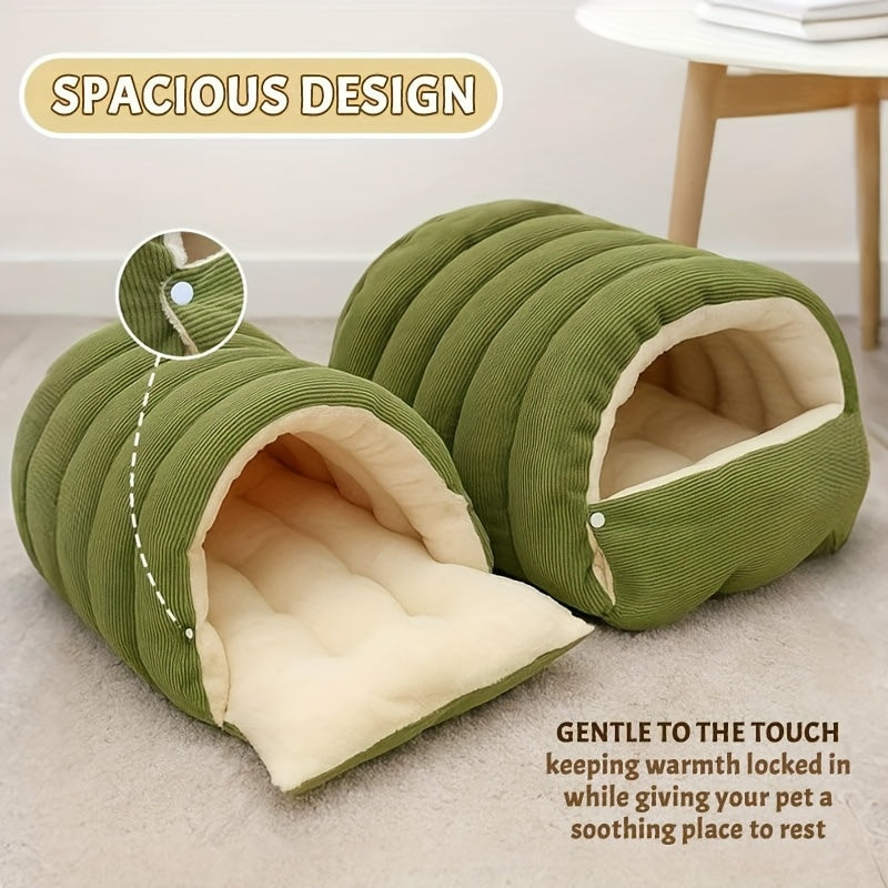 Cat Sleeping Bag Bed with Removable Cushion, Cozy Hooded Cave for Indoor Cats and Small Dogs, Ribbed Winter Hideaway in Beige, Green or Purple