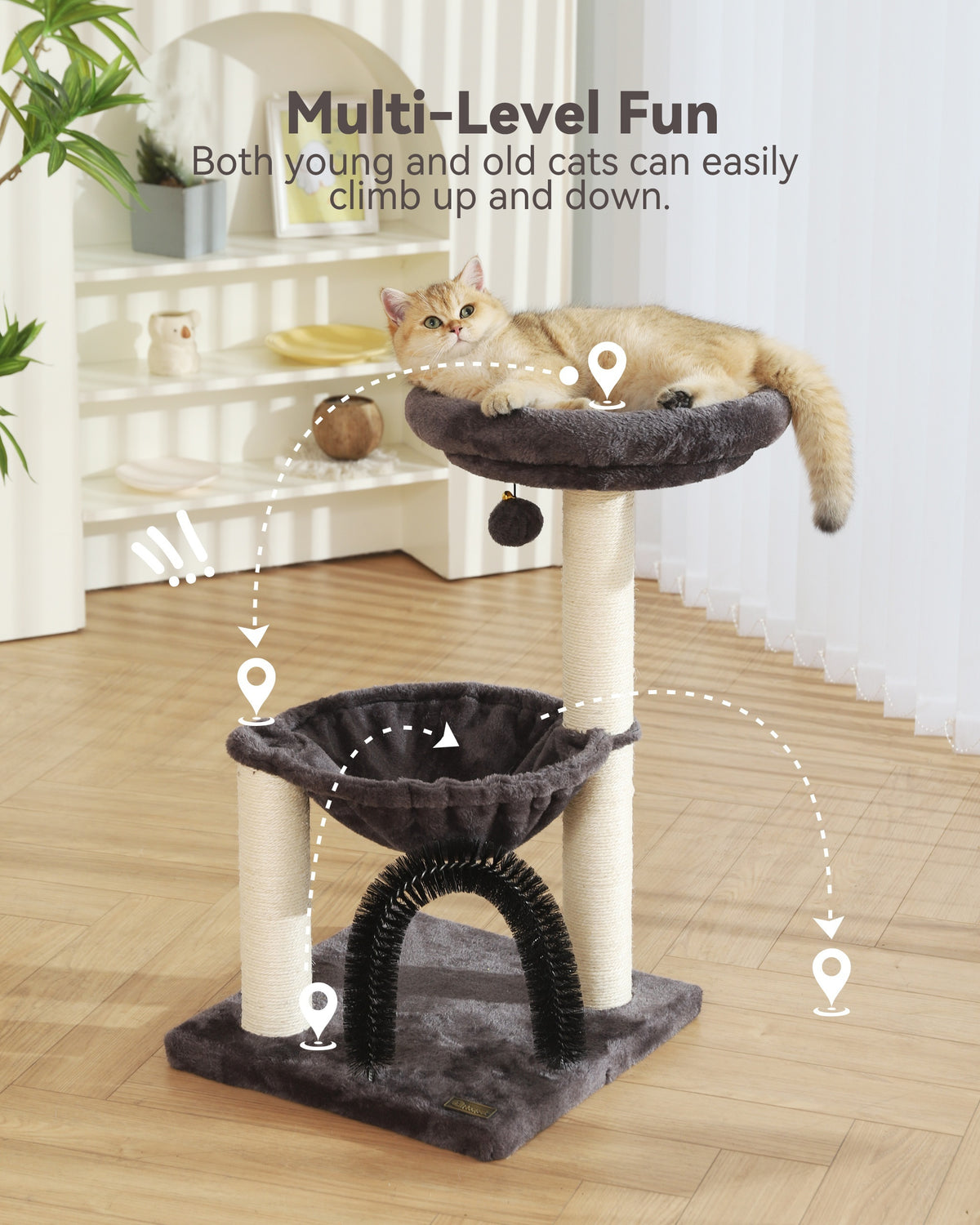 Cat Tree for Kittens and Small Cats, 27.8-Inch Gray Indoor Tower with Plush Basket, Top Perch, Scratching Posts and Dangling Ball Toy