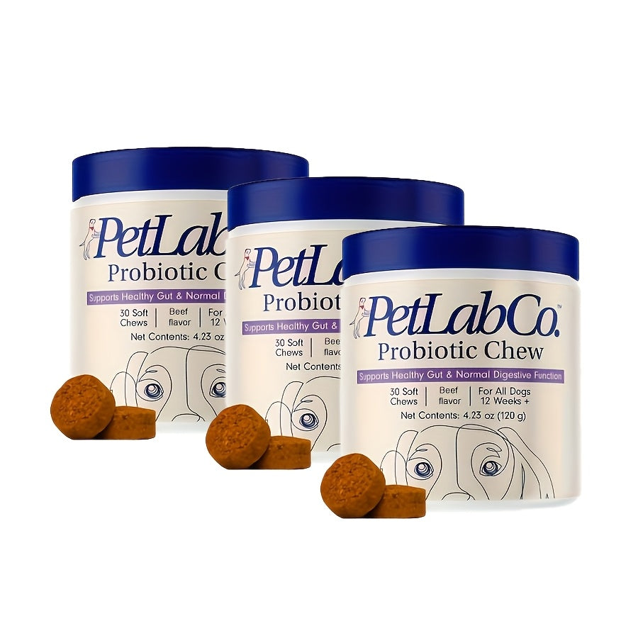 Beef Flavor Dog Probiotic Chews, 30 Soft Chews per Jar with Probiotics and Prebiotics for Canine Supplement Routines, 1 or 3 Pack