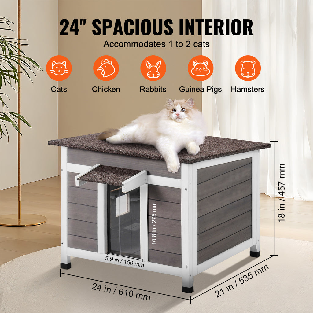 Fir Wood Outdoor Cat House with Asphalt Roof, Acrylic Window and Removable PVC Door Flaps, 20 or 24 Inch Feral Cat Shelter with Cleaning Access