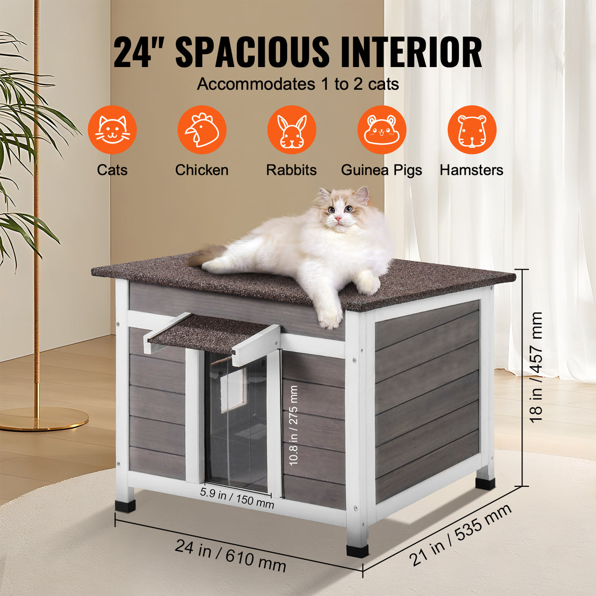 Fir Wood Outdoor Cat House with Asphalt Roof, Acrylic Window and Removable PVC Door Flaps, 20 or 24 Inch Feral Cat Shelter with Cleaning Access