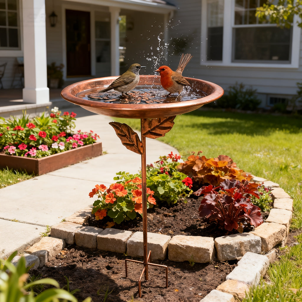 Decorative Bird Bath with Dragonfly or Butterfly Basin, Bronze-Tone Metal Garden Water Dish with Ground Stake for Outdoor Yard and Flower Bed Decor
