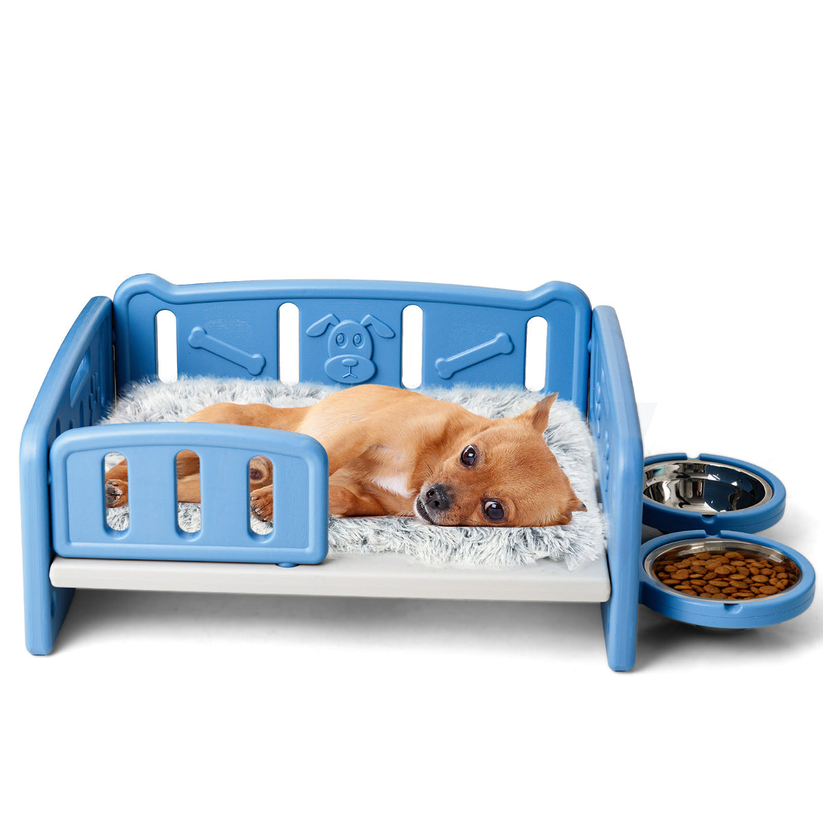 Elevated Dog Bed with Feeding Bowls, Plush Mat and Front Entry, Pink or Blue Pet Sofa with Paw-Print Side Panels for Small to Medium Dogs