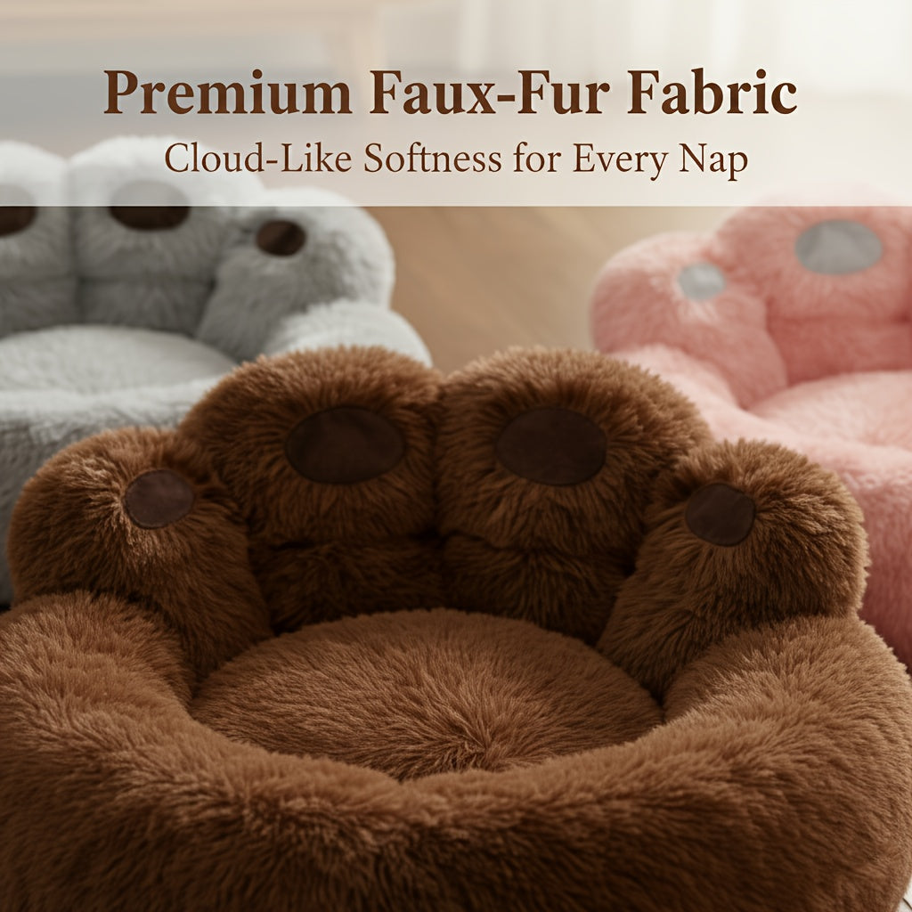 Plush Dog Bed with Bear Paw Design, Washable Fluffy Pet Sleeping Cushion with Raised Edges, 60–90 cm Sizes in Coffee, Pink and Gray