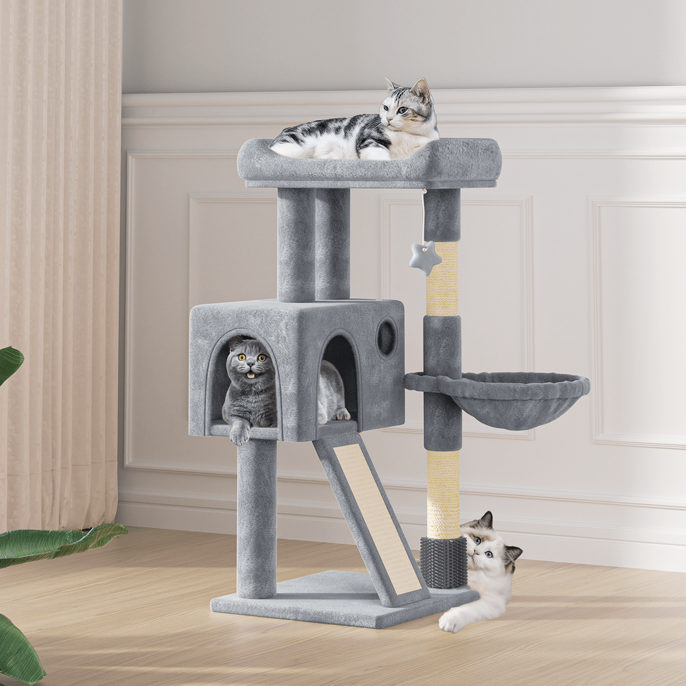 Compact Cat Tree 36 Inch with Hammock and Condo, Plush Indoor Cat Tower with Sisal Scratching Post, Scratching Board and Hanging Ball, Two Gray Colors