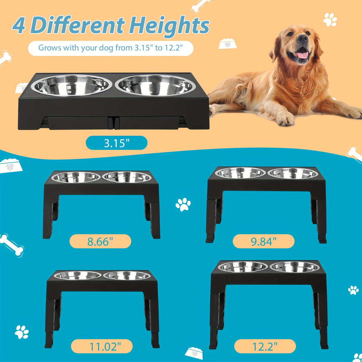 Five-Height Elevated Dog Bowls with 2 Stainless Steel Dishes, Foldable Raised Food and Water Stand from 3.15 to 12.2 Inches in Black or Gray