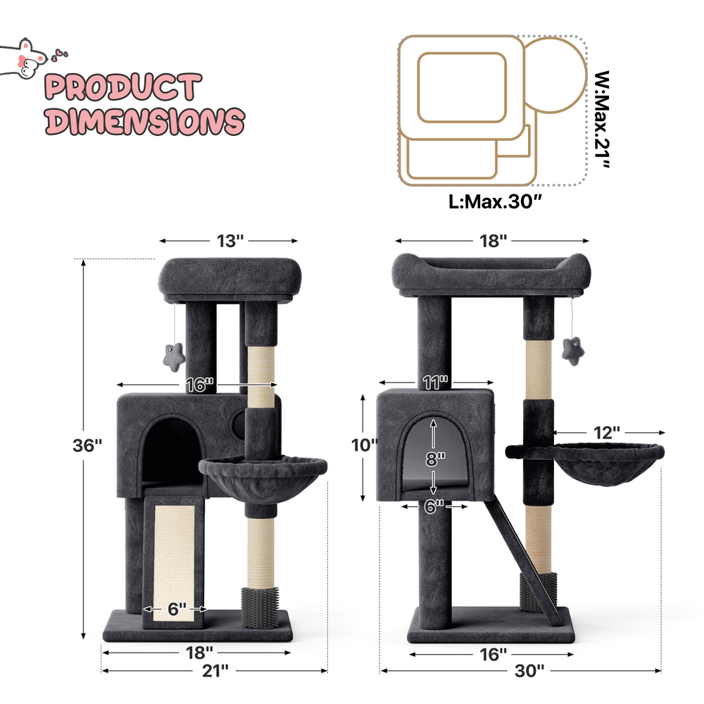 Compact Cat Tree 36 Inch with Hammock and Condo, Plush Indoor Cat Tower with Sisal Scratching Post, Scratching Board and Hanging Ball, Two Gray Colors