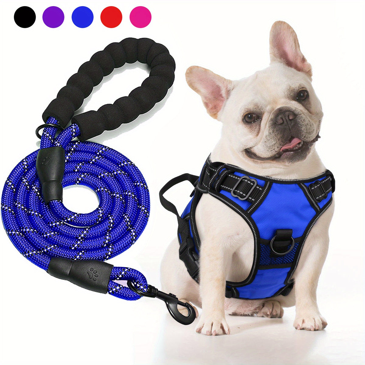Oxford Dog Harness and Rope Leash Set, Adjustable Reflective Mesh-Padded Walking Vest with Four Fit Points and 5-Foot Padded-Handle Lead, S to XL