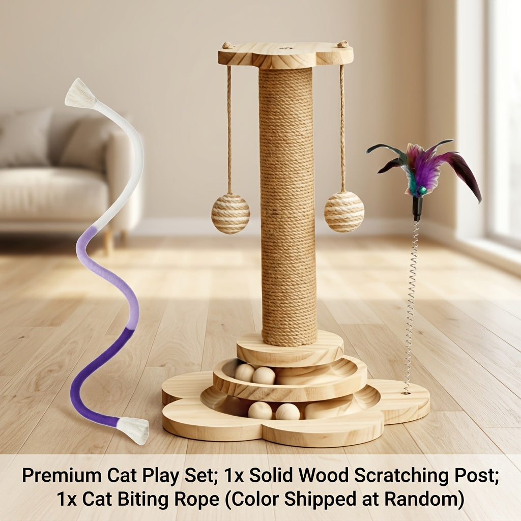 Kitten Scratching Post with Wooden Ball Track, Rope-Wrapped Indoor Cat Activity Toy with Hanging Balls and Feather Teaser, Post and DIY Accessory Options