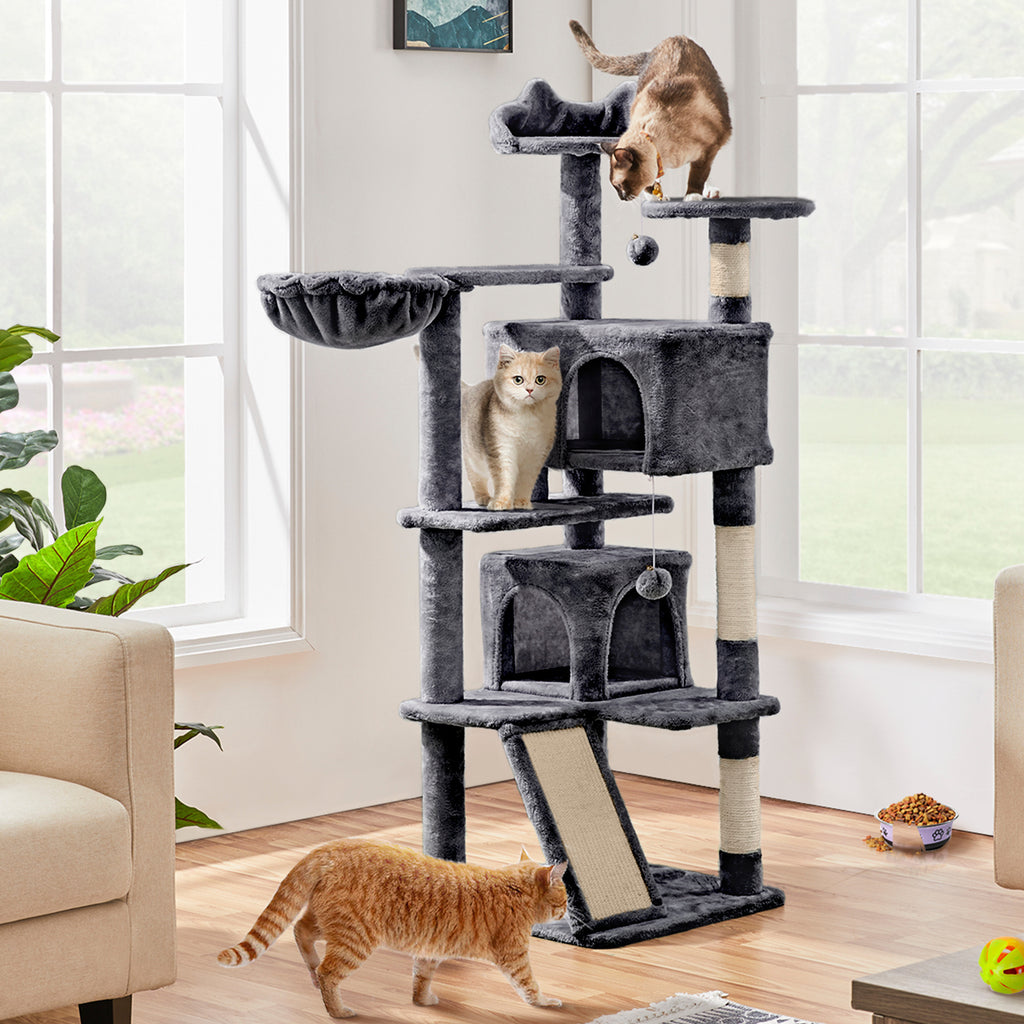 Cat Tree 57 Inch with Two Condos, Plush Multi-Level Indoor Kitten Tower with Round Platform, Ladder and Dangling Ball for Small Cats