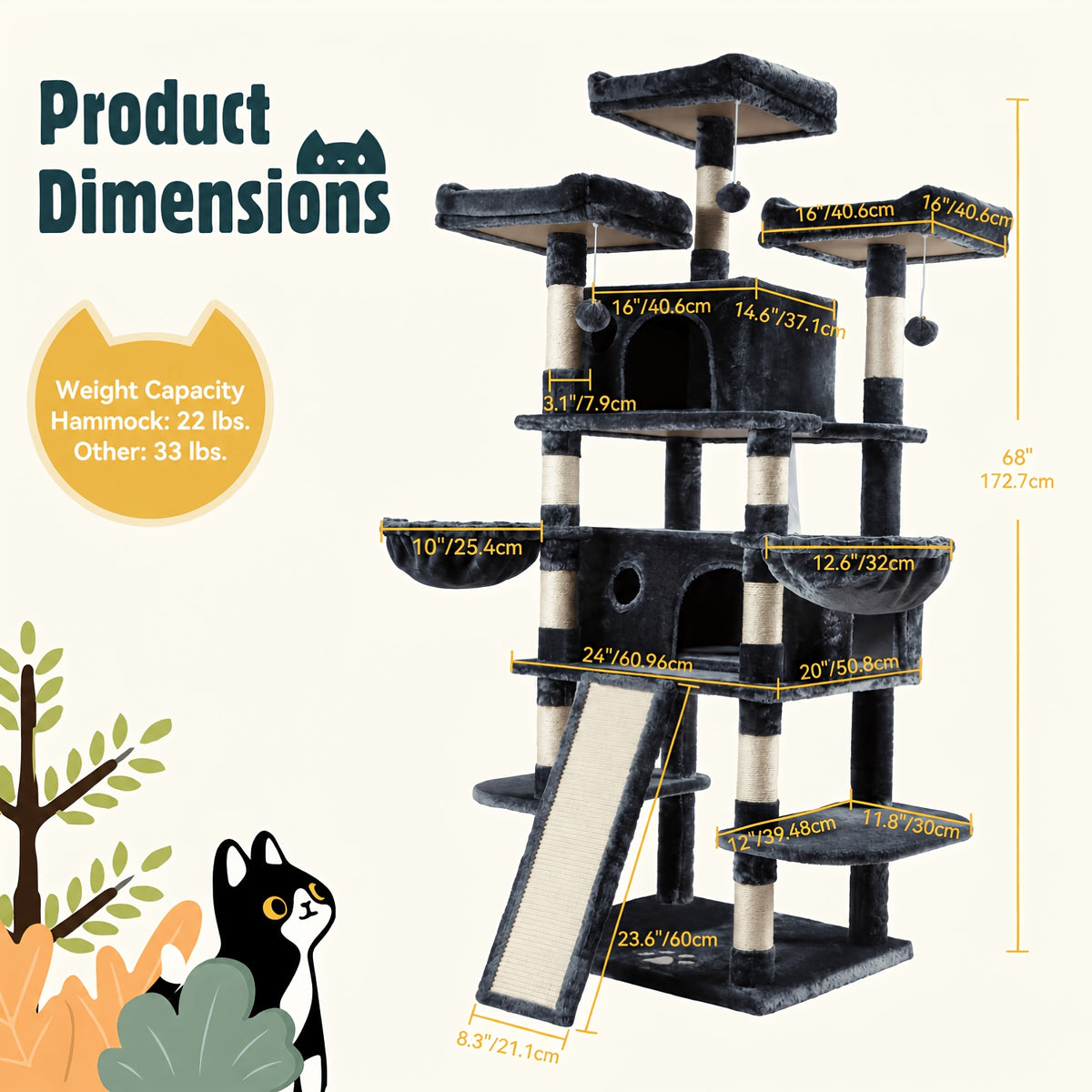 Cat Tree with Plush Baskets, 68 Inch Multi-Level Indoor Cat Tower with Condo Hideaway, Soft Perches, Sisal Scratching Posts and Wide Base