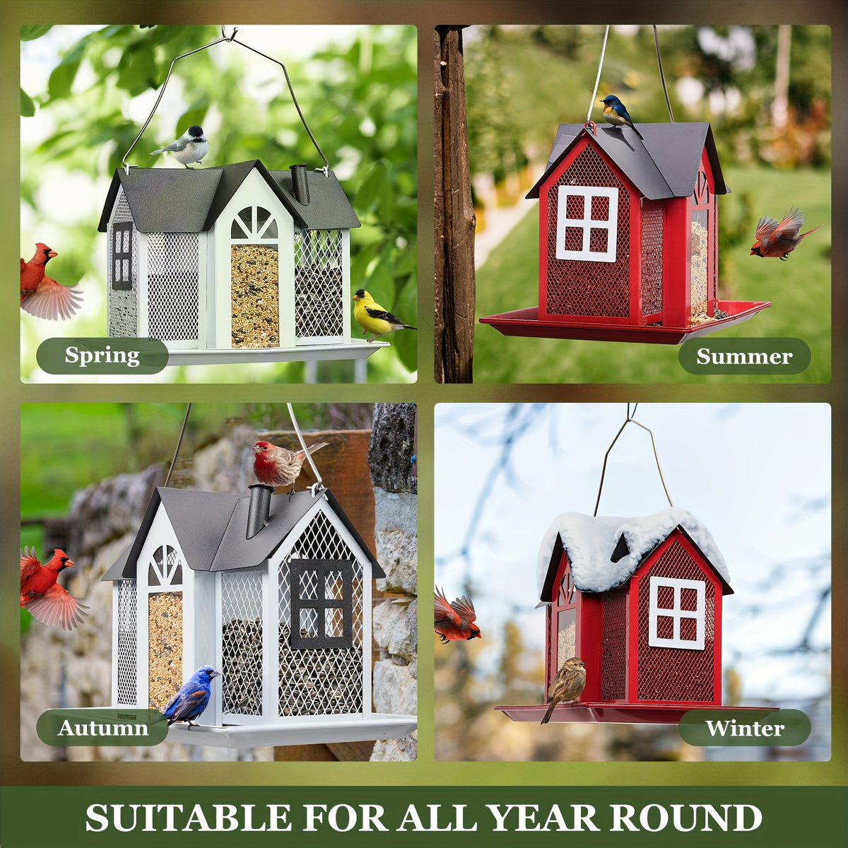 Outdoor Bird Feeder House with Triple Feeding Areas, Metal Mesh Wild Bird Seed Feeder for Finches, Cardinals and Chickadees, Five Color Options