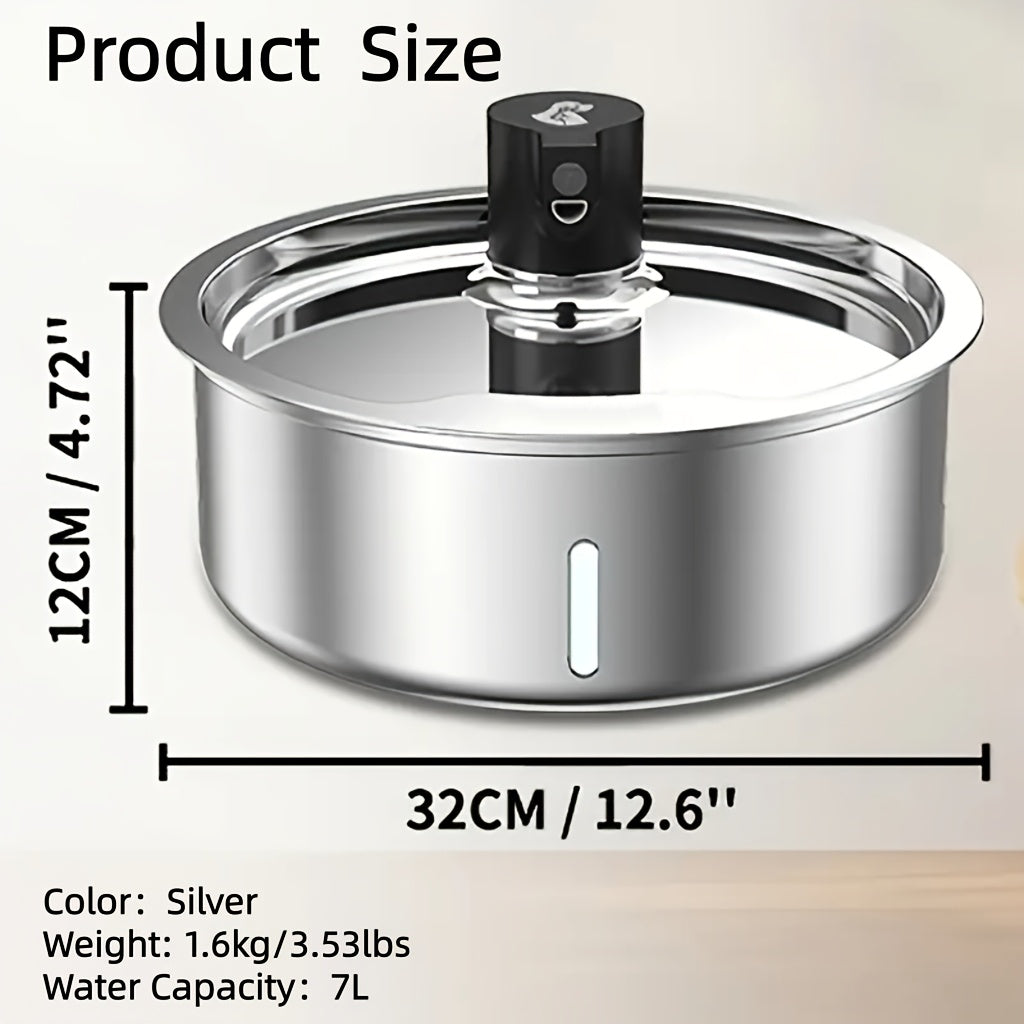 Pet Water Fountain 1.85 Gallon with Filter Bundles, Stainless Steel USB Powered Drinking Dispenser for Cats and Dogs, 5, 8 or 15 Cartridges