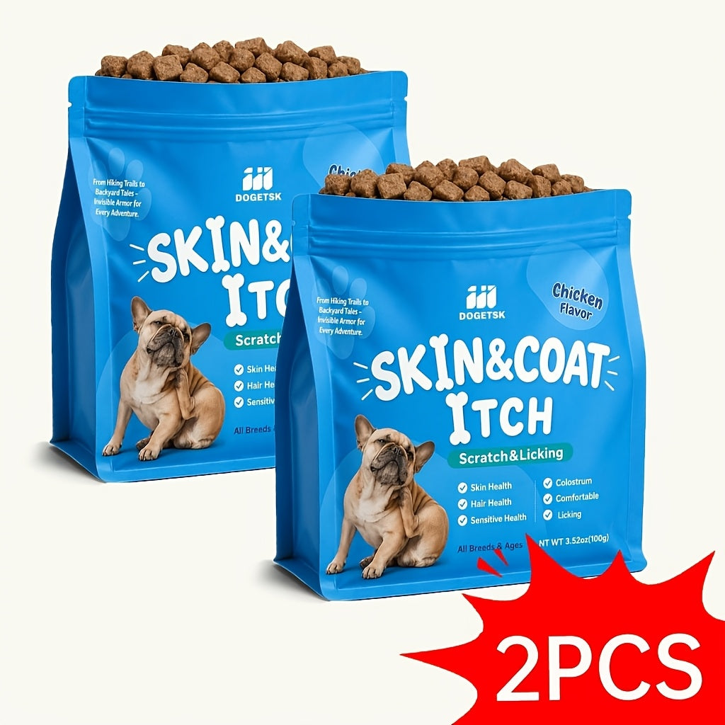 Dog Omega-3 Chew Tablets in Portable Pouches, Chicken Flavor Canine Supplement with Listed Coconut Oil and Brewer's Yeast, 100g or Two-Pack