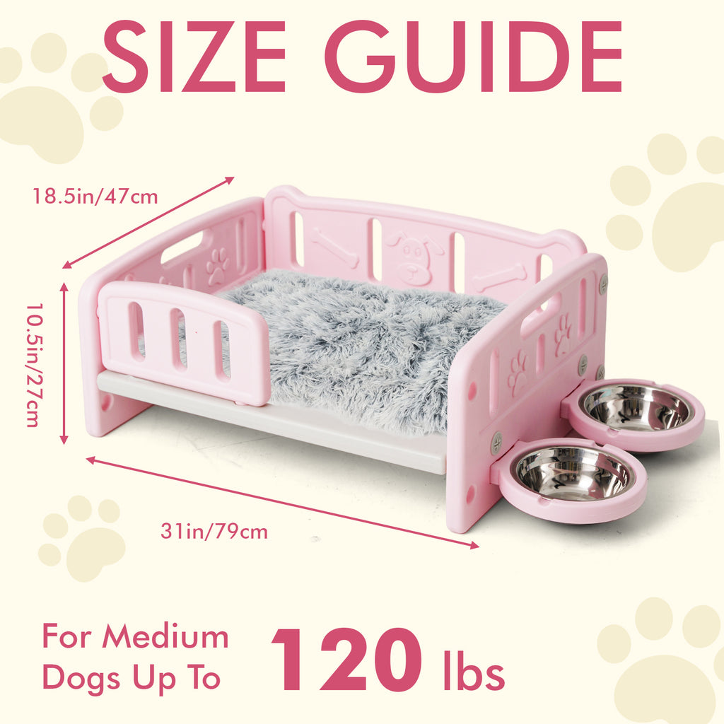 Elevated Dog Bed with Feeding Bowls, Plush Mat and Front Entry, Pink or Blue Pet Sofa with Paw-Print Side Panels for Small to Medium Dogs