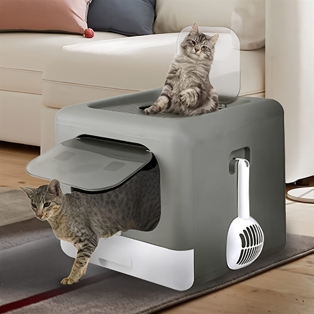 Foldable Cat Litter Box with Drawer Tray and Scoop, Large Plastic Top-Entry Kitty Toilet with Perforated Lid for Indoor Cat Potty Care