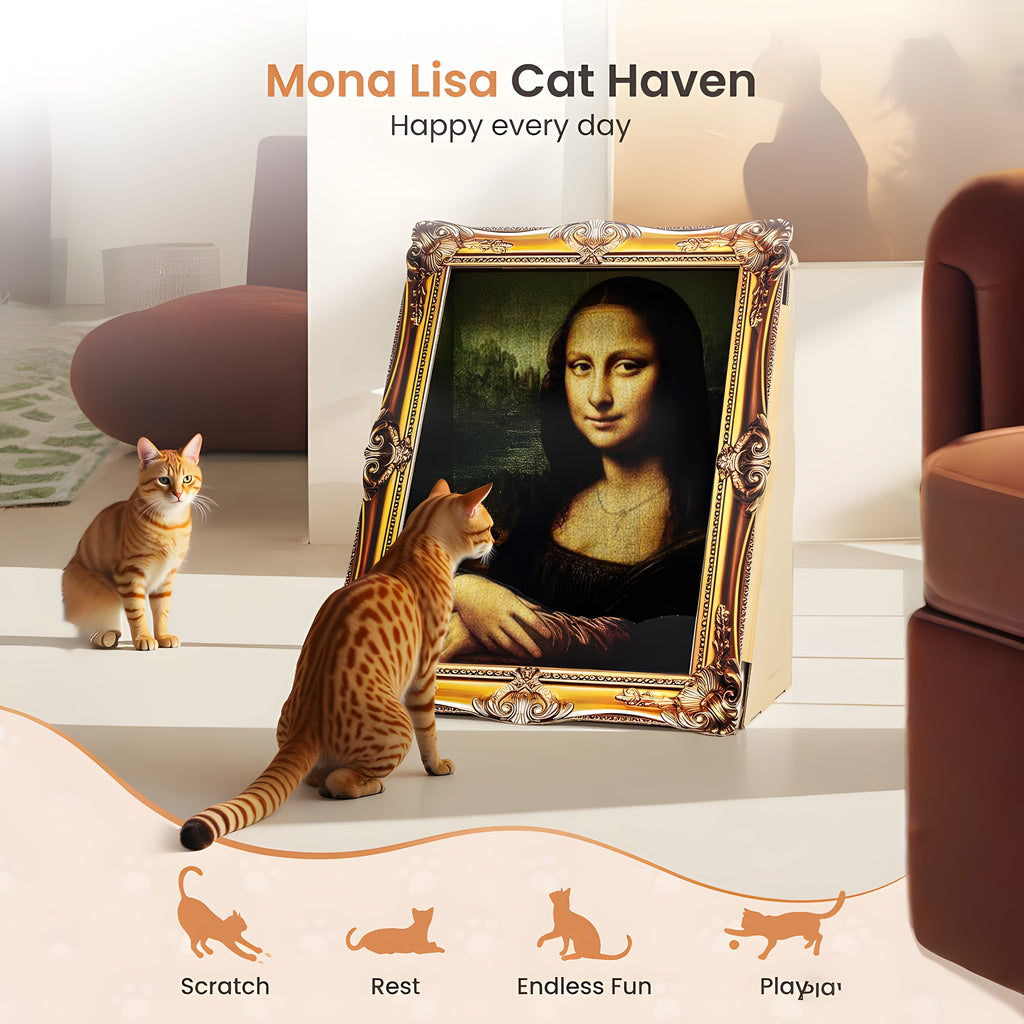 Mona Lisa Cat Scratcher Bed with Art Frame, Easy-to-Assemble Cardboard Cat Condo for Indoor Scratching, Resting and Creative Home Decor