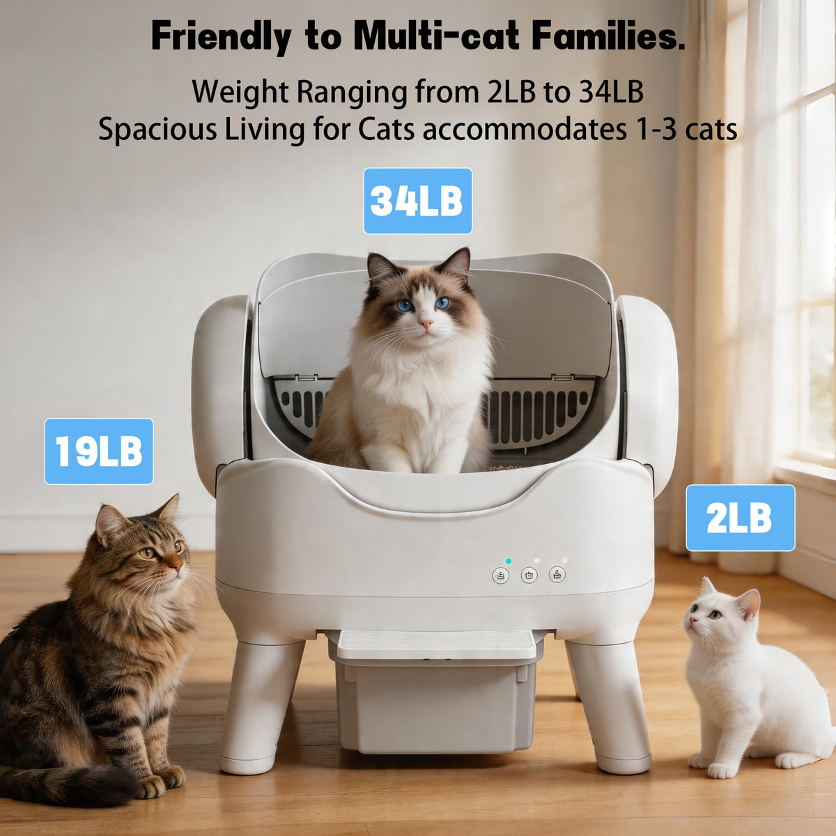 Open Top Self Cleaning Litter Box in White, Automatic Cat Toilet with High Sides, Low Noise Operation and 3.96 Gallon Waste Drawer
