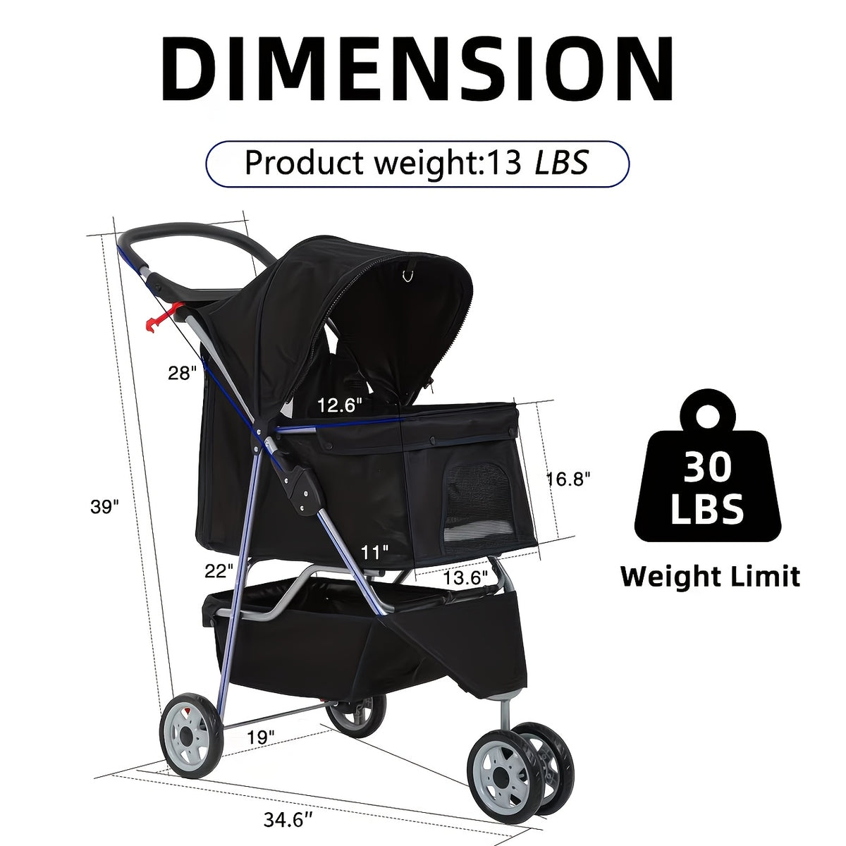 Dog Stroller with Removable Liner and Cup Holder, Three-Wheel Folding Pet Pushchair for Small Dogs, Cats and Medium Pets, Five Color Options