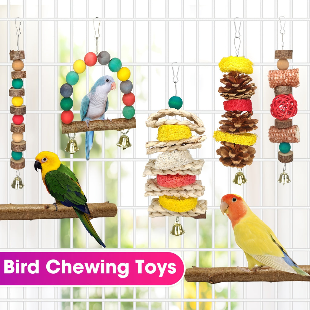 Parrot Chew Toy Set 7 Pieces with Corn Husks, Loofah, Rattan Balls and Wooden Beads, Hanging Bird Cage Toys with Swing and Perches for Daily Enrichment
