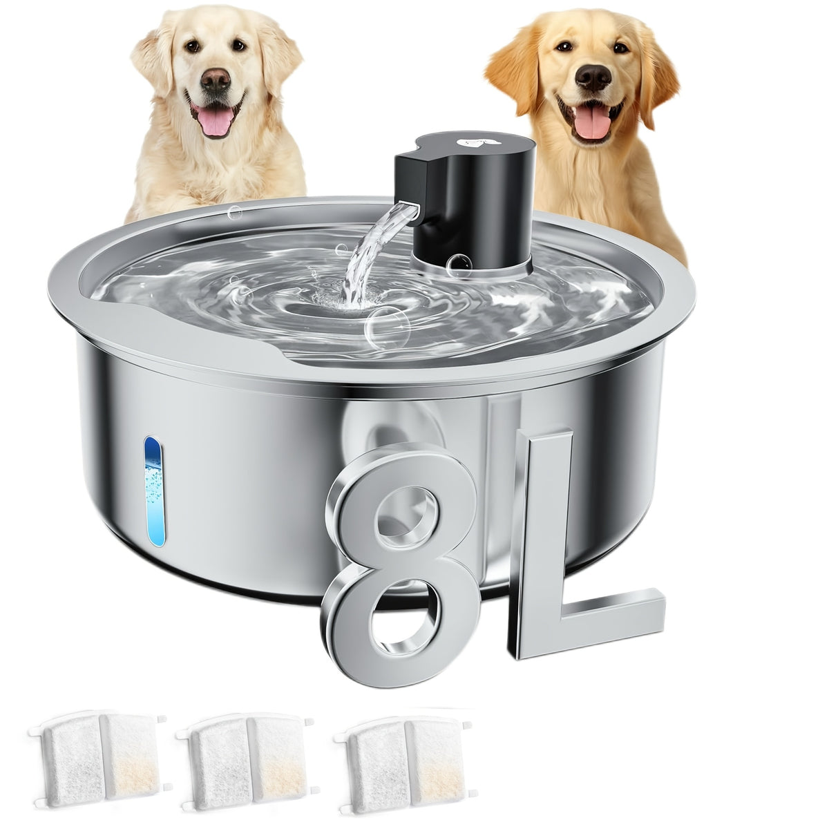 8L Stainless Steel Pet Water Fountain for Dogs and Cats, Large 2.11 Gallon Drinking Dispenser with Quiet Pump and Filter Bundle Options