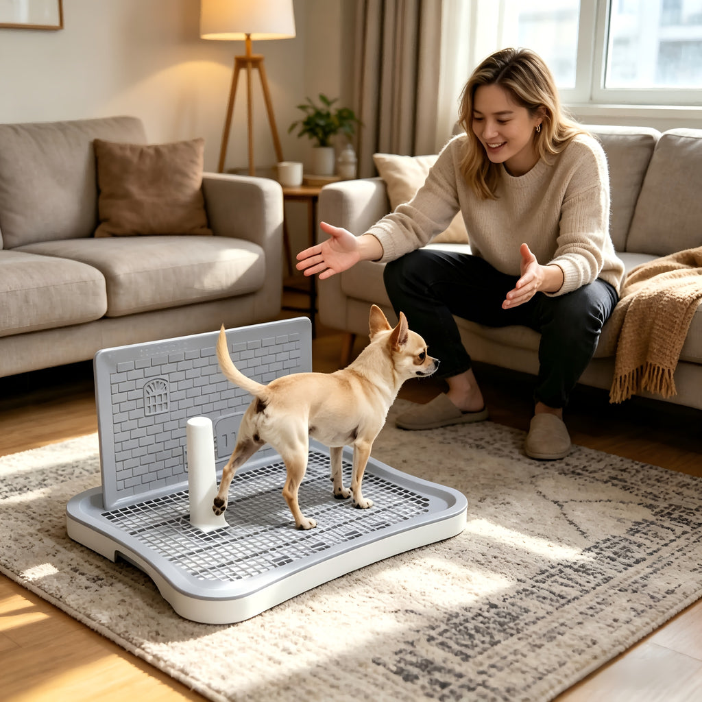Dog Potty with Central Post, 20.1 x 15.4 Inch Indoor Puppy Training Tray with Removable Splash Wall, Mesh Surface and Non-Slip Feet
