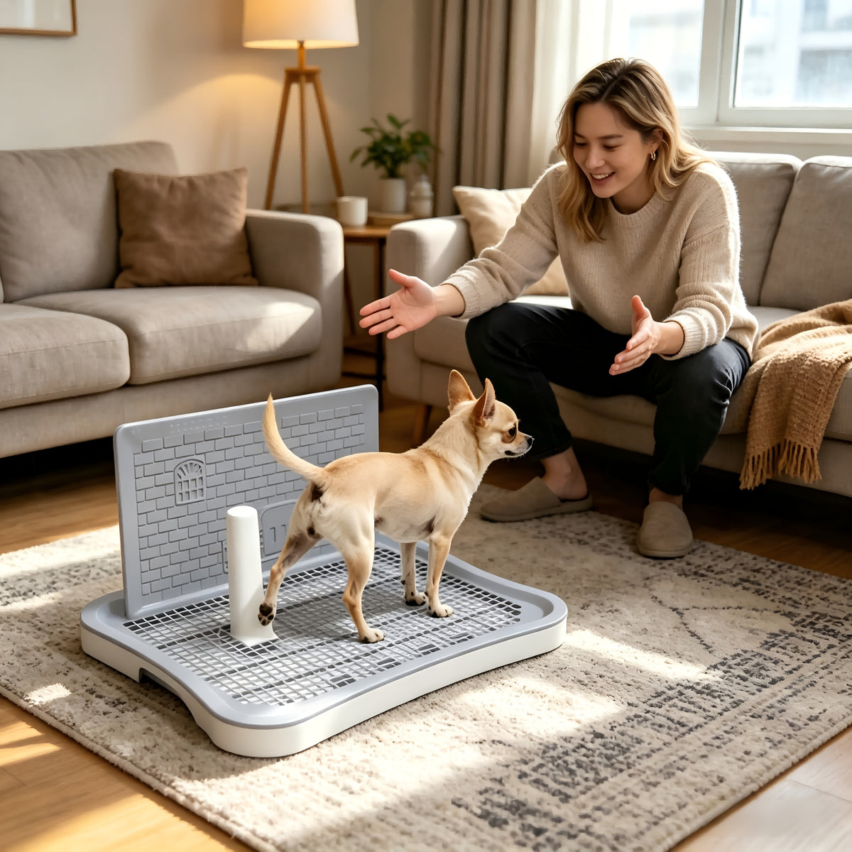 Dog Potty with Central Post, 20.1 x 15.4 Inch Indoor Puppy Training Tray with Removable Splash Wall, Mesh Surface and Non-Slip Feet