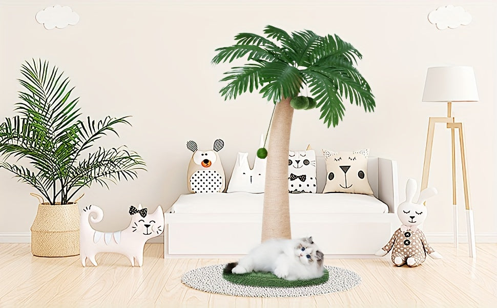 Coconut Tree Cat Scratching Post 43 Inch, Tall Sisal Scratcher with Three Hanging Pom-Pom Toys and Soft Fabric Round Base for Indoor Cats