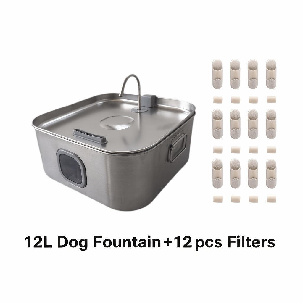 Stainless Steel Dog Water Fountain 12L 3.2 Gal for Large Dogs and Multi-Pet Homes, Ultra Quiet Pet Water Dispenser with Water Level Window, Dry Burn Protection and Red Blue Indicator Lights, Easy to Clean, Without Battery