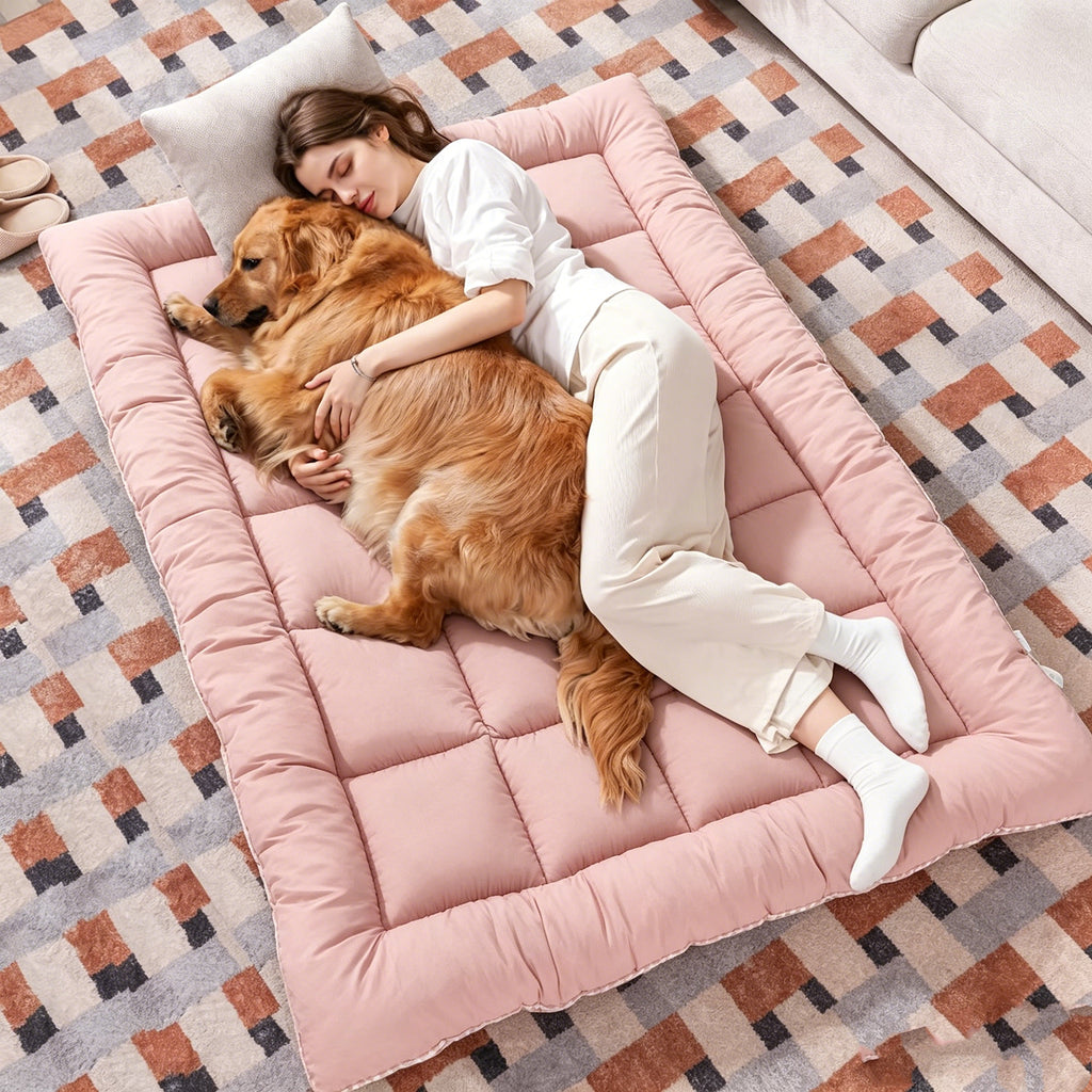 Dog Bed Mat Topper with Four Corner Straps, Rectangular Roll-Up Pet Mattress Pad for Large Dogs and Multi-Pet Homes, L to XXXL with Plush and Faux Fur Options