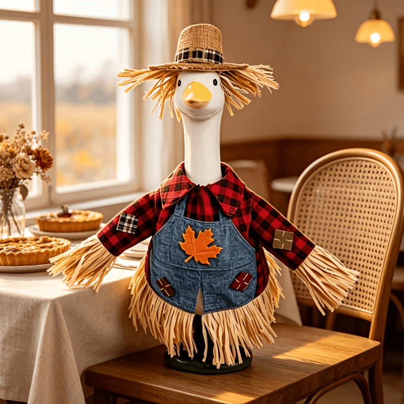Thanksgiving Porch Goose Outfit for 23-Inch Statues, Scarecrow Costume with Red Plaid Shirt, Maple Leaf Denim Suspenders and Straw Hat
