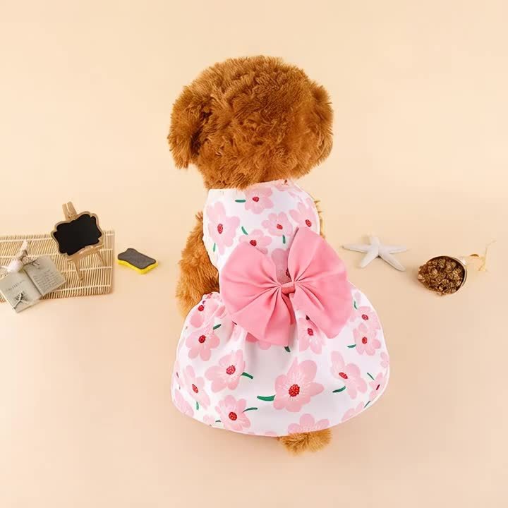 Small Dog Dress Set, 5-Style Floral and Bow Princess Puppy Clothes for Summer Dress-Up, Birthday Photos and Pet Parties, Pink XS–XXL