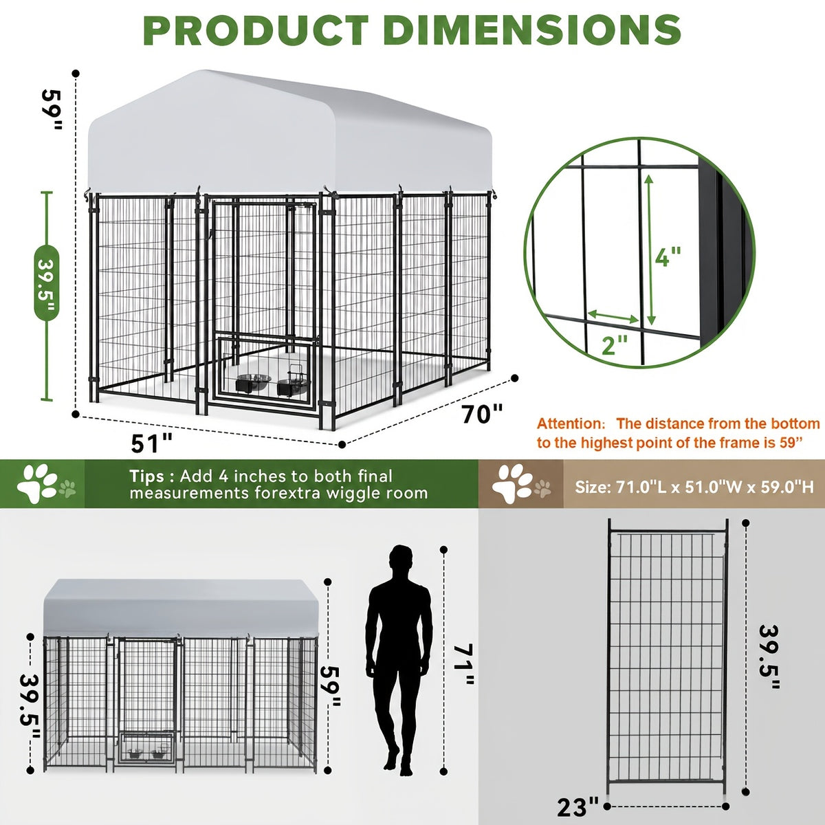 Outdoor Dog Kennel with Rotating Bowls, Heavy-Duty Welded Steel Dog Run with Secure Lock and UV-Resistant Roof, Three Sizes for Backyard Use