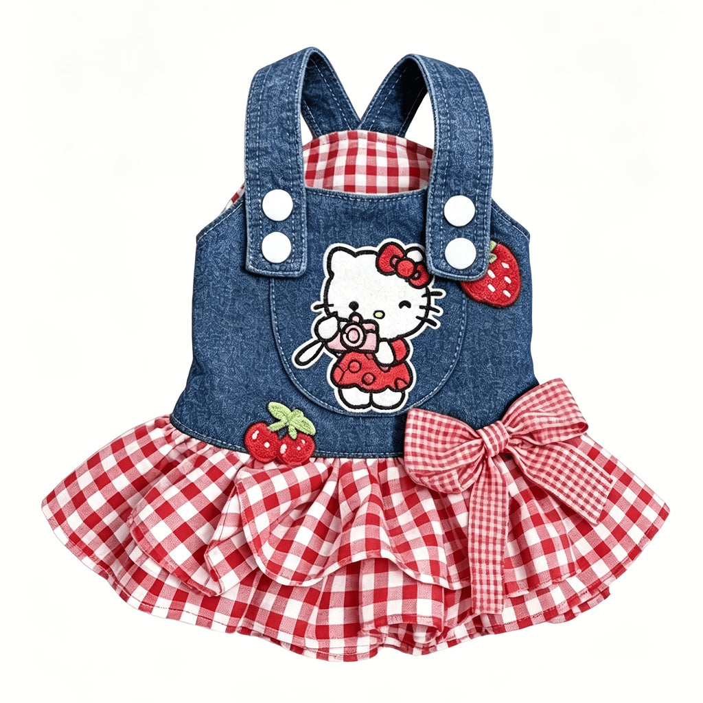 Denim Plaid Dog Dress for Small Dogs and Cats, Red Checkered Bow and Strawberry Appliques, Pleated Pet Party Outfit in XS to XL