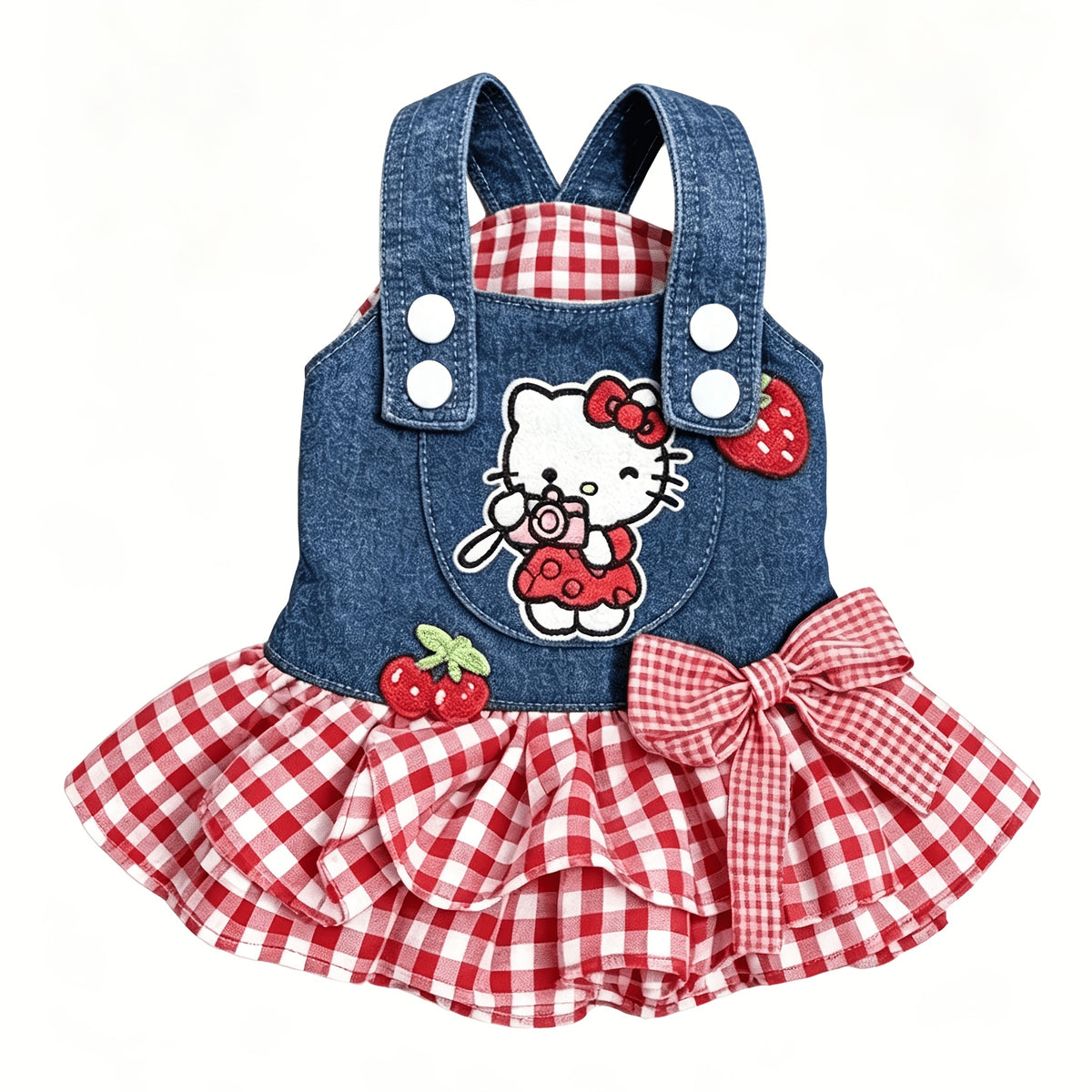 Denim Plaid Dog Dress for Small Dogs and Cats, Red Checkered Bow and Strawberry Appliques, Pleated Pet Party Outfit in XS to XL