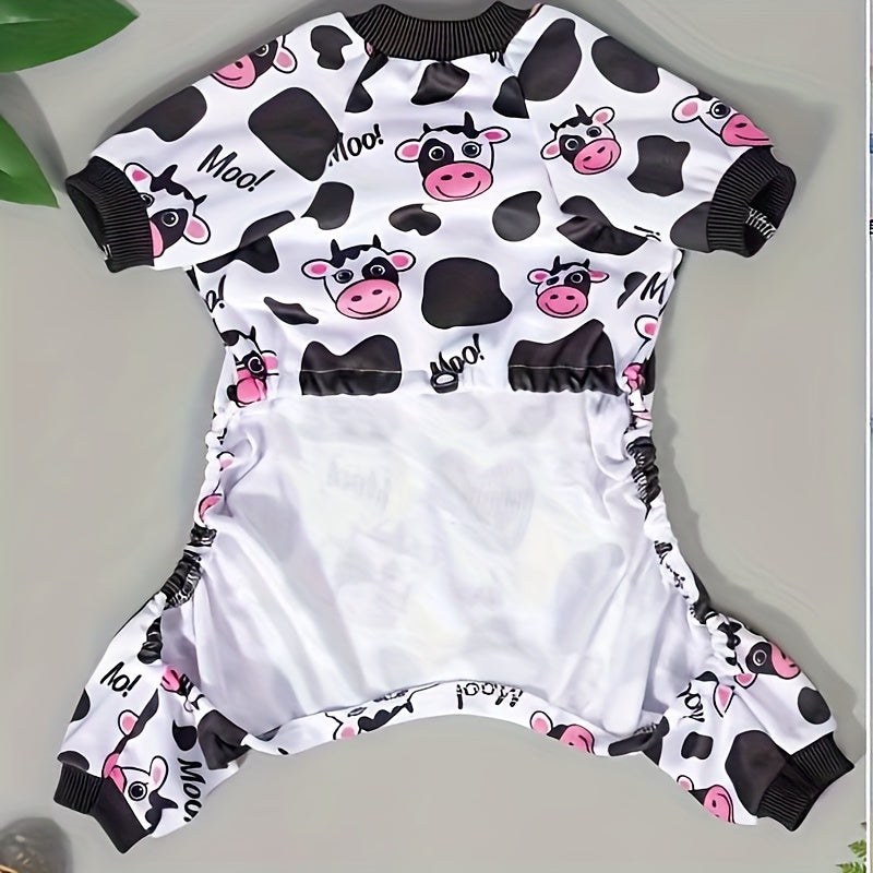 Cow Print Dog Pajamas, Soft Polyester Four-Leg Pet Onesie with Pullover Design for Dogs and Cats, Black and White Cartoon Pattern, XS to XXL