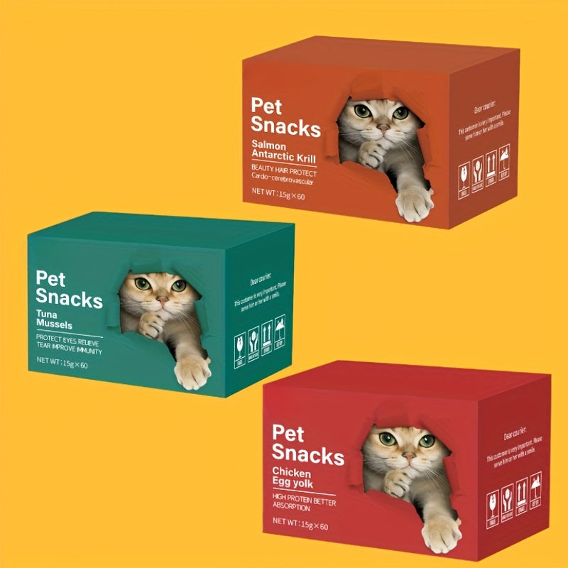 Wet Cat Food Snacks for Adult Cats and Kittens, Pet Treat Packs with Salmon, Tuna and Chicken Egg Yolk Flavor Choices for Everyday Treat Time