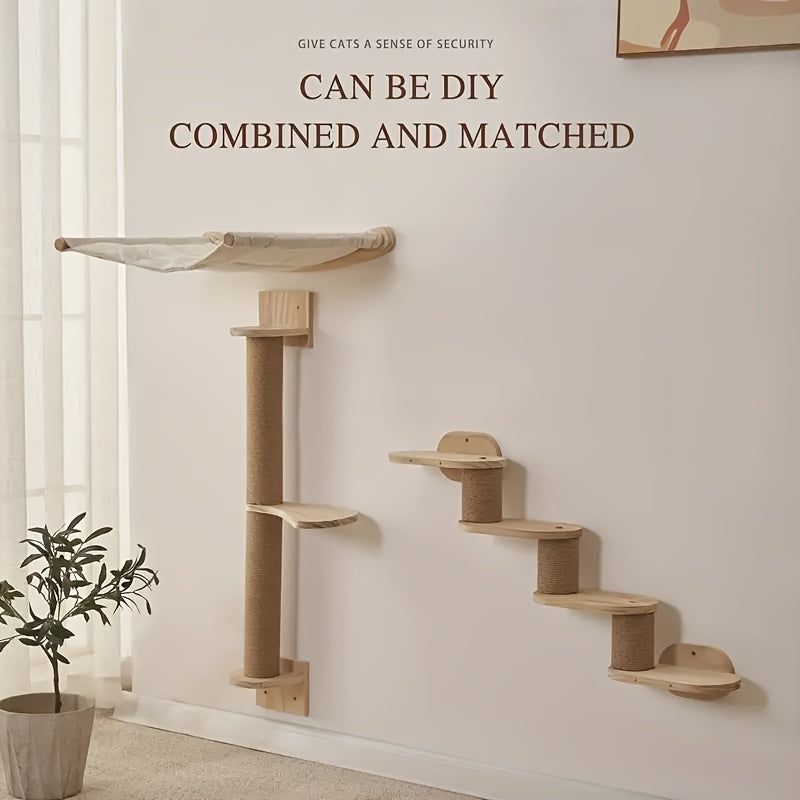 Wall Mounted Cat Scratching Post with Sisal Rope and Wooden Platform, Two-Stage Climbing Pole or Replacement Cat Bed Options for Indoor Cats