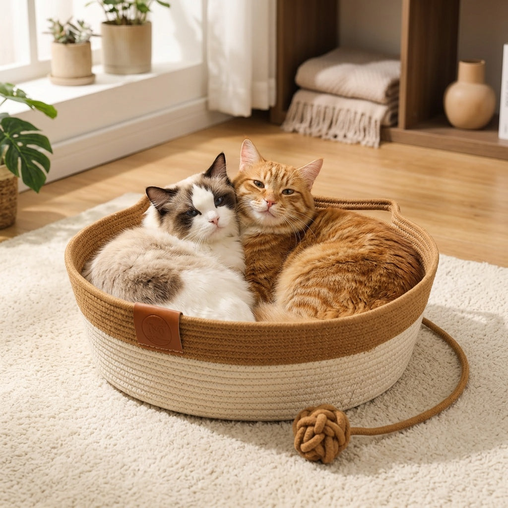 Large Cat Bed with Woven Rope Design, 19.69-Inch Diameter Breathable Summer Sleeping Bed for Indoor Cats and Everyday Lounging