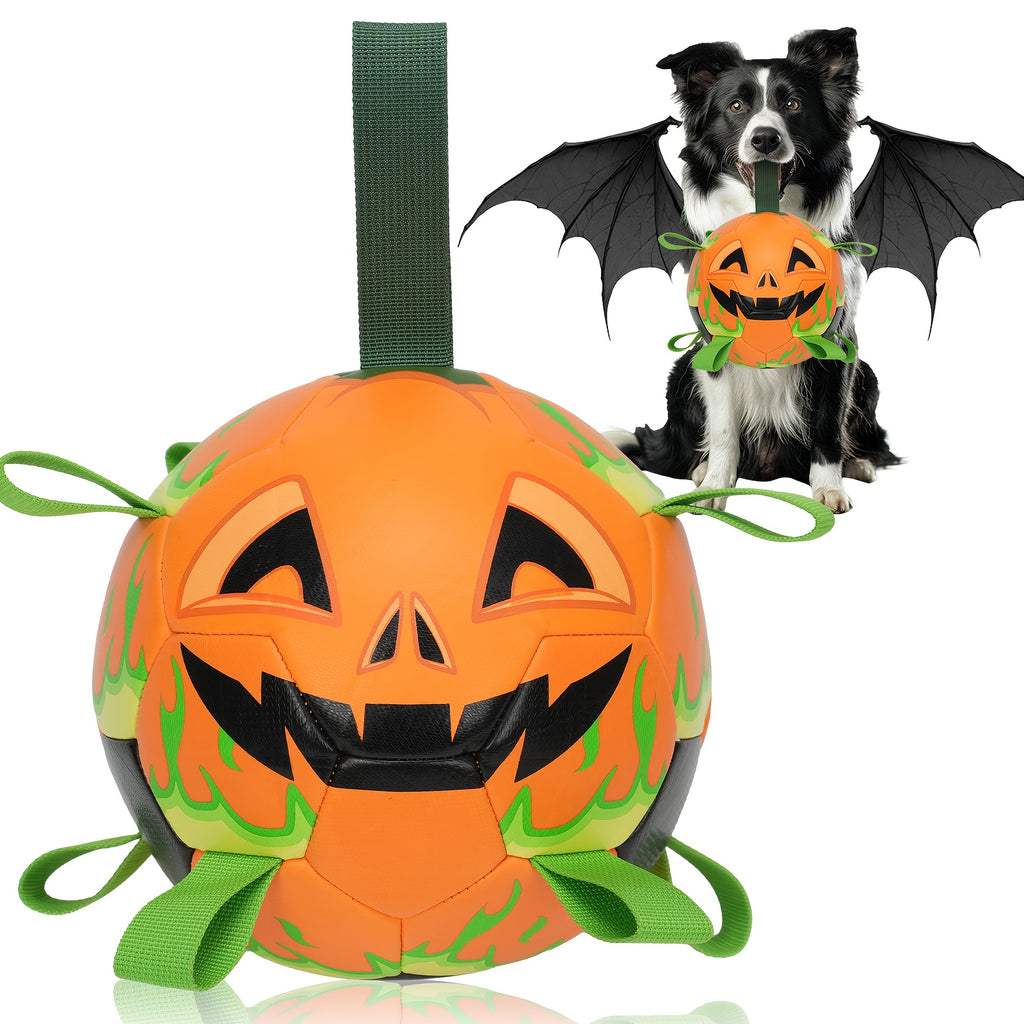 Halloween Pumpkin Dog Ball with Grab Tabs, Orange Jack-O-Lantern Fetch Toy with Carry Strap for Interactive Outdoor Play and Seasonal Pet Gifts